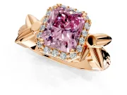 Halo Engagement Ring Setting for Fancy Pink Radiant Cut Center with Floral Band and Prong Head in Rose Gold