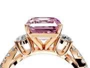 3 Stone Engagement Ring Setting for Fancy Pink Asscher Cut Center with Pave Split Shank and Prong Head in Rose Gold