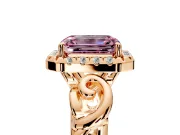 Halo Engagement Ring Setting for Fancy Pink Emerald Cut Center with Open Scroll Shoulders and Prong Head in Rose Gold