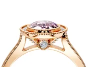 Halo Engagement Ring Setting for Fancy Pink Oval Center with Milgrain Pave Band and Bezel Head in Rose Gold