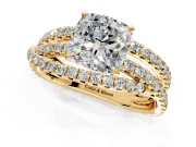 Solitaire Engagement Ring Setting for Cushion Cut Center with Woven 3-Strand Pave Band and Prong Head in Yellow Gold