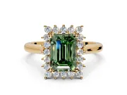 Starburst Halo Engagement Ring Setting for Fancy Green Emerald Cut Center with Thin Round-Wire Band and Prong Head in Yellow Gold