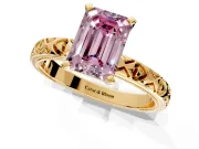 Solitaire Engagement Ring Setting for Fancy Pink Emerald Cut Center with XO Engraved Band and Prong Head in Yellow Gold