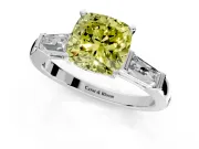 3 Stone Engagement Ring Setting for Fancy Yellow Cushion Cut Center with Tapered Baguettes, Plain Band and Prong Head in Platinum