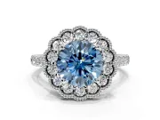 Milgrain Floral Halo Engagement Ring Setting for Fancy Blue Round Cut Center with Pave Band and Prong Head in Platinum
