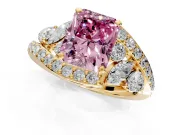 Halo Engagement Ring Setting for Fancy Pink Radiant Cut Center with Marquise and Pave Bypass Band and Prong Head in Yellow Gold