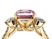 3 Stone Engagement Ring Setting for Fancy Pink Asscher Cut Center with Crossover Basket, Pave Band and Prong Head in Yellow Gold