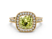 Halo Engagement Ring Setting for Fancy Yellow Cushion Cut Center with Milgrain Pave Band and Bezel Head in Yellow Gold