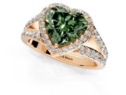 Halo Engagement Ring Setting for Fancy Green Heart-Shaped Center with Narrow Pave Split Shank and Prong Head in Rose Gold