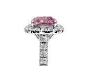 Halo Engagement Ring Setting for Fancy Pink Cushion Cut Center with Raised Halo, Pave Band and Prong Head in Sterling Silver