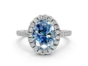Halo Engagement Ring Setting for Fancy Blue Oval Center with Raised Halo, Pave Band and Prong Head in Sterling Silver