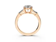3 Stone Engagement Ring Setting for Round Cut Center with Baguette Accents and Prong Head in Rose Gold