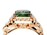 Halo Engagement Ring Setting for Fancy Green Princess Cut Center with Open Scroll Shoulders and Prong Head in Rose Gold