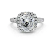 Halo Engagement Ring Setting for Cushion Cut Center with Narrowing Pave Band and Prong Head in Platinum