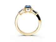 3 Stone Engagement Ring Setting for Fancy Blue Emerald Cut Center with Baguette Accents and Prong Head in Yellow Gold