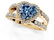 Halo Engagement Ring Setting for Fancy Blue Heart-Shaped Center with Wide-Open Pave Split Shank and Prong Head in Yellow Gold