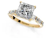 Baguette Engagement Ring Setting for Princess Cut Center with Alternating Bar-Set Band and Prong Head in Yellow Gold
