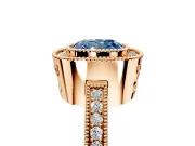 Halo Engagement Ring Setting for Fancy Blue Cushion Cut Center with Milgrain Halo, Pave Band and Prong Head in Rose Gold