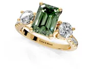 3 Stone Engagement Ring Setting for Fancy Green Emerald Cut Center with Crossover Basket, Pave Band and Prong Head in Yellow Gold