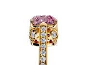 Cathedral Engagement Ring Setting for Fancy Pink Cushion Cut Center with Antique-Style Pave Band and Prong Head in Yellow Gold