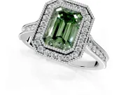 Halo Engagement Ring Setting for Fancy Green Emerald Cut Center with Milgrain Pave Band and Bezel Head in Sterling Silver
