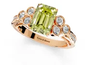 Cluster Engagement Ring Setting for Fancy Yellow Emerald Cut Center with Bezel Accent Clusters and Prong Head in Rose Gold