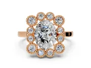 Cluster Halo Engagement Ring Setting for Oval Center with Milgrain Bezel Accents and Prong Head in Rose Gold
