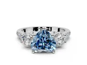 3 Stone Engagement Ring Setting for Fancy Blue Heart-Shaped Center with Crossover Basket, Pave Band and Prong Head in Platinum