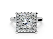 Single Halo Engagement Ring Setting for Princess Cut Center with Corner Claws, Plain Band and Prong Head in White Gold