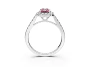 Halo Engagement Ring Setting for Fancy Pink Emerald Cut Center with Raised Halo, Pave Band and Prong Head in Platinum