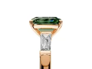 3 Stone Engagement Ring Setting for Fancy Green Emerald Cut Center with Tapered Baguettes, Plain Band and Prong Head in Rose Gold