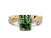 Solitaire Engagement Ring Setting for Fancy Green Radiant Cut Center with Bar-Station Pave Twist and Prong Head in Yellow Gold