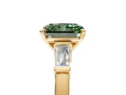 3 Stone Engagement Ring Setting for Fancy Green Radiant Cut Center with Channel Baguette Accents and Prong Head in Yellow Gold