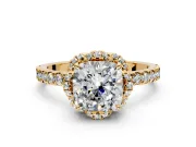 Halo Engagement Ring Setting for Cushion Cut Center with Openwork Halo, Pave Band and Prong Head in Yellow Gold