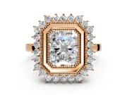 Halo Engagement Ring Setting for Radiant Cut Center with Milgrain Bezel Rim, Plain Band and Prong Head in Rose Gold