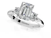 3 Stone Engagement Ring Setting for Emerald Cut Center with Wide Plain Band and Prong Head in Platinum