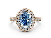 Halo Engagement Ring Setting for Fancy Blue Oval Center with Raised Halo, Pave Band and Prong Head in Rose Gold