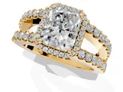 Halo Engagement Ring Setting for Radiant Cut Center with Wide-Open Pave Split Shank and Prong Head in Yellow Gold