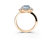 Floral Halo Engagement Ring Setting for Fancy Blue Asscher Cut Center with Pave Accents and Prong Head in Rose Gold