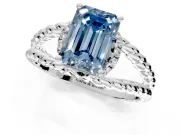 Halo Engagement Ring Setting for Fancy Blue Emerald Cut Center with Rope Twist Split Shank and Prong Head in Platinum