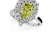 Single Halo Engagement Ring Setting for Fancy Yellow Pear-Shaped Center with Corner Claws, Plain Band and Prong Head in White Gold