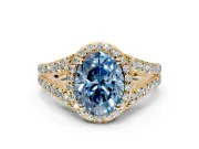 Halo Engagement Ring Setting for Fancy Blue Oval Center with Narrow Pave Split Shank and Prong Head in Yellow Gold