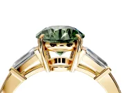 3 Stone Engagement Ring Setting for Fancy Green Round Cut Center with Baguette Accents and Prong Head in Yellow Gold