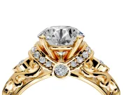 Solitaire Engagement Ring Setting for Round Cut Center with Filigree Band and Prong Head in Yellow Gold