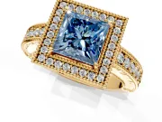 Milgrain Halo Engagement Ring Setting for Fancy Blue Princess Cut Center with Pave Band and Prong Head in Yellow Gold
