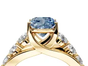 Solitaire Engagement Ring Setting for Fancy Blue Cushion Cut Center with Graduated Shared Prongs and Prong Head in Yellow Gold