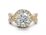 Halo Engagement Ring Setting for Heart-Shaped Center with Pave Infinity Twist Band and Prong Head in Yellow Gold