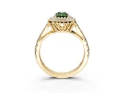 Double Halo Engagement Ring Setting for Fancy Green Emerald Cut Center with Narrow Pave Split Shank and Prong Head in Yellow Gold