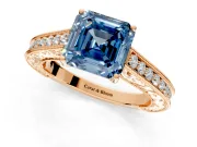 Solitaire Engagement Ring Setting for Fancy Blue Asscher Cut Center with Engraved Pave Band and Prong Head in Rose Gold
