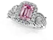 Milgrain Halo Engagement Ring Setting for Fancy Pink Emerald Cut Center with Shoulder Bezels and Prong Head in White Gold